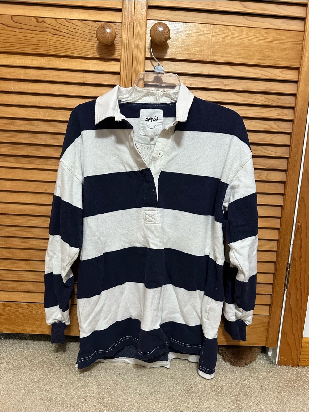 aerie women’s Navy and White Wide-Stripe Rugby Polo